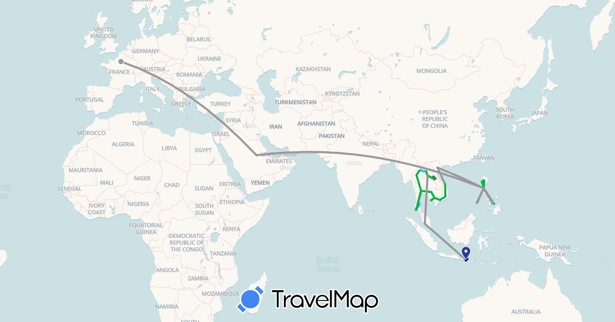 TravelMap itinerary: driving, bus, plane, boat, motorbike in France, Indonesia, Cambodia, Laos, Malaysia, Philippines, Saudi Arabia, Thailand, Vietnam (Asia, Europe)